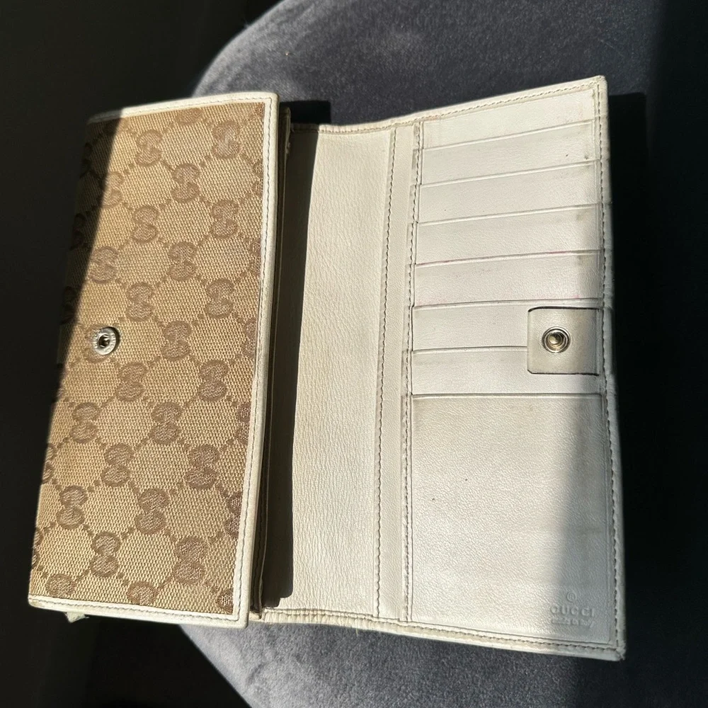 Gucci GG Canvas Continental/Long Wallet — White Leather Silver Hardware Vintage - Picture 2 of 11
